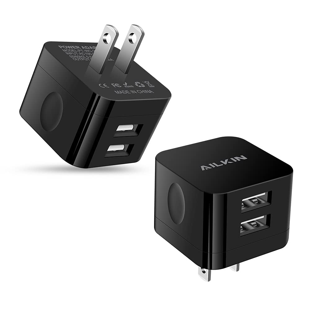 2Pack USB Wall Chargers, 2.4A Dual Port Fast Charger Block Square Flat Power AC Adapter Phone Brick Charging Station for iPhone, Samsung Galaxy, LG Stylo, Google Pixel, USB Plug House Hold Box Cube