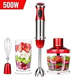 KOIOS Powerful 500 Watt 4-in-1 Hand Stick Blender 500ml Food Processor Whisk Attachment and 600ml Beaker - Red