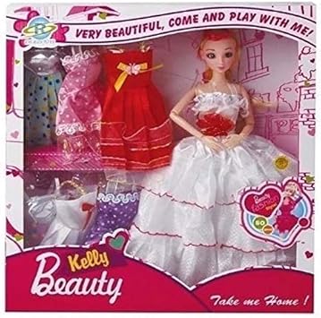 AdiChai Multi Coloured Kelly Beauty Very Beautiful Doll with 3D Eyes & Made to Move Hands (Kelly Made to Move Doll with 6 Party Dresses Set)