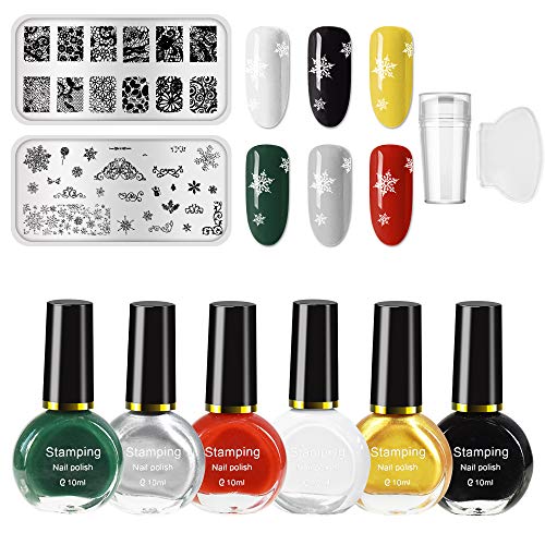 Ownest 6 Colors Nail Art Stamping Polish Kit,Colourful Manicuring Plate Printing Polish Varnish 10ML,with 2 Manicure Nail Stamping Design Plates,1 Clear Nail Stamper - Thumbnail 7
