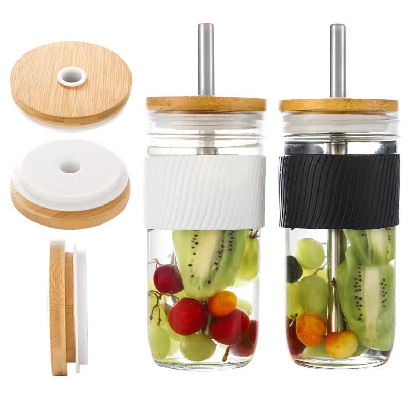 Photo 1 of Upgrade 4Pcs Wide Mouth Bamboo Mason Jar Lids with Straw Hole and Silicone Caps - Reusable, Leak-Proof Covers for Glass Canning, Drinking, and Storage Jars