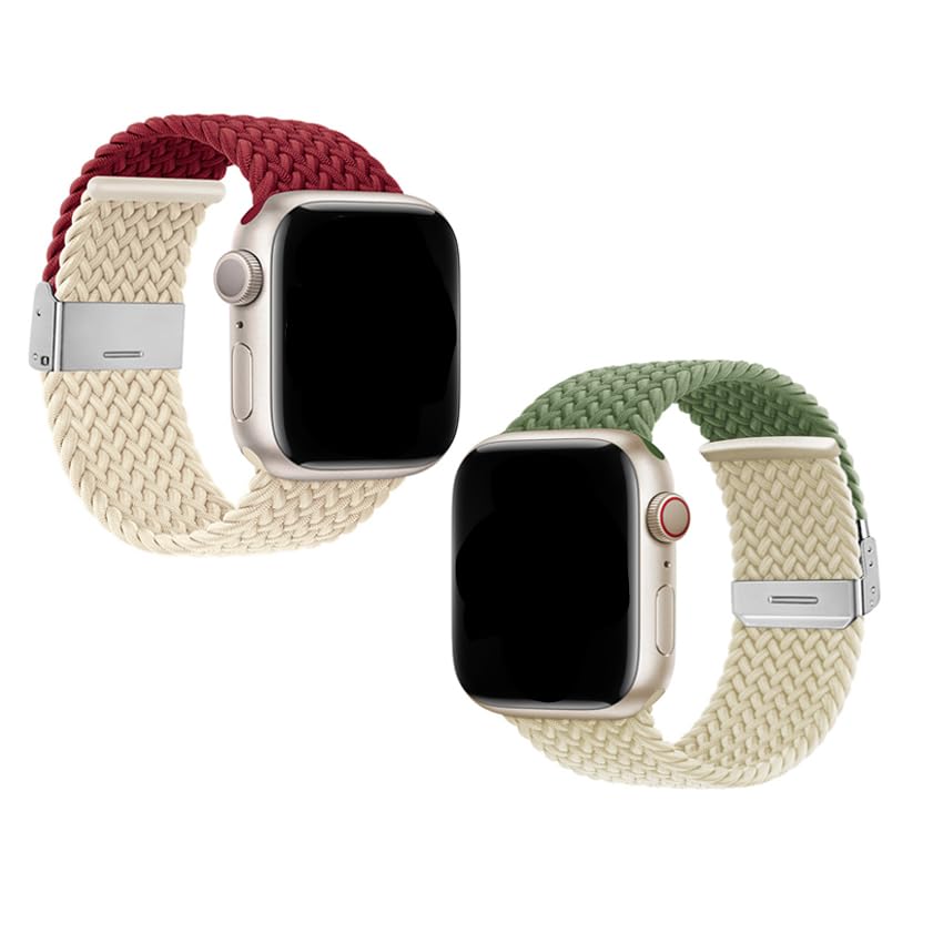 2PCS Matching two-color nylon elasticity braid buckle watch band soft and comfortable watch band easy to wear light and breathable (38/40/41mm, Wine Red/Starligh&Inverness Green/Starlight)