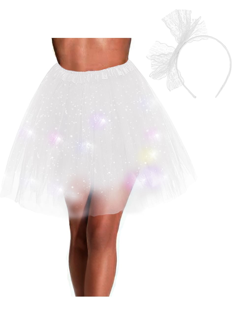 db11 Women's Tulle Tutu Skirt with Lace Bow Headband, Light Up Starry Sky Elastic Ballet Dance Skirt Fancy Dress Party Festival Costume for Party Halloween (White)