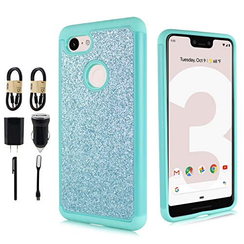 Glitter Hard Case for Google Pixel 3 XL, Glitter Bling Hard Cover with Dual-Layer [Hard PC Back Exterior + Soft TPU Interior] for Girls [Value Bundle] (Teal) - Thumbnail 5