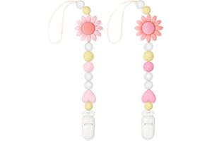 LSTRAGY Silicone Pacifier Clip, 2 Pack Pacifier Holder for Boys and Girls, Adorable Sunflower Pacifier Strap Fits for Most Pacifier, Baby Teethers and Toy Straps (Light Pink&Pink)