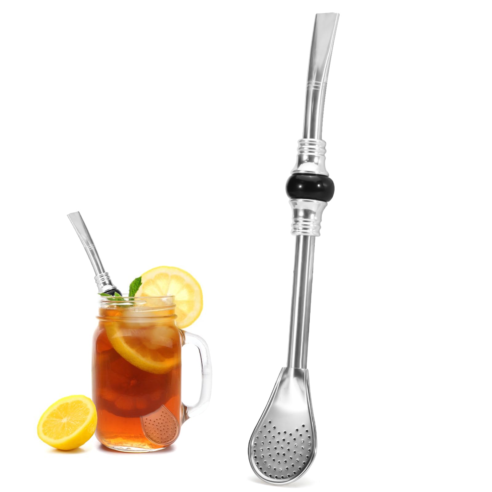 Fatiya Stainless Steel Yerba Mate Straw, Reusable Bombilla Mate Spoon Straws, 7.4 Inch Long Tea Coffee Filter Straw for Loose Tea Cocktail (Black Bead)