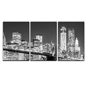 3 Piece Canvas Wall Art - Grayscale Photograph of The Brooklyn Bridge Looking Over New York City at Night Time - Modern Home Art Stretched and Framed Ready to Hang - 16"x24"x3 Panels
