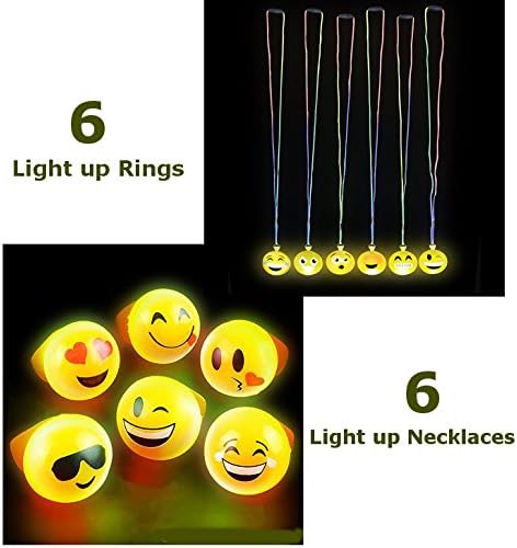 Emoji Rings and Necklace set Light up Toys Party Favor, 6 rings and 6 Necklaces, Pack of 12