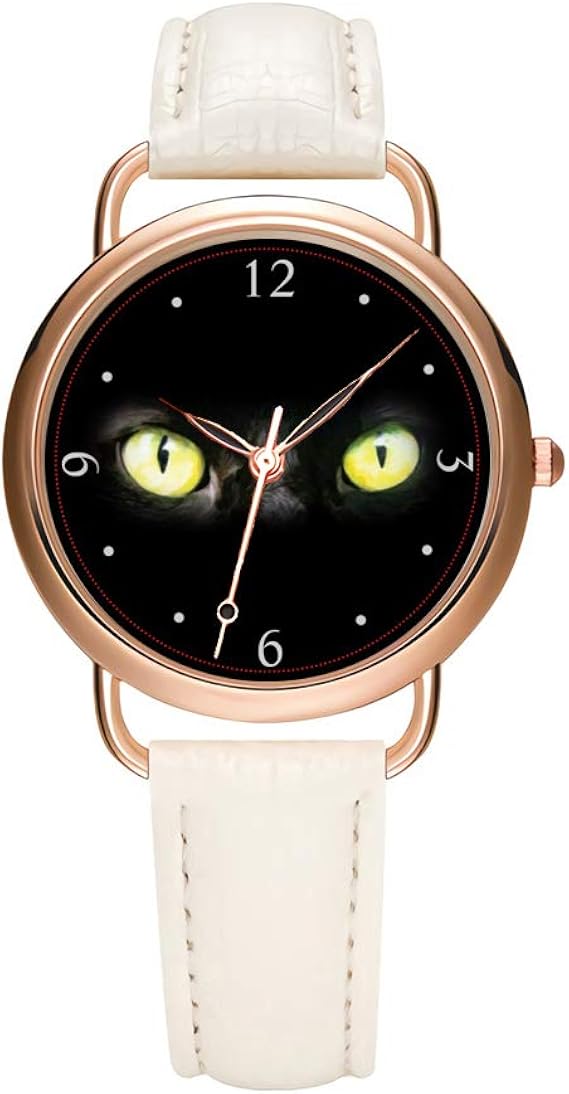 Amazon レディース腕時計 ブランド ラグジュアリー ファッション レディースウォッチ ホワイトとブラックレザーバンド ゴールドクォーツ腕時計 女性ギフト クロック ブラックキャット イエローアイリストウォッチ ホワイト レディース腕時計 腕時計 通販