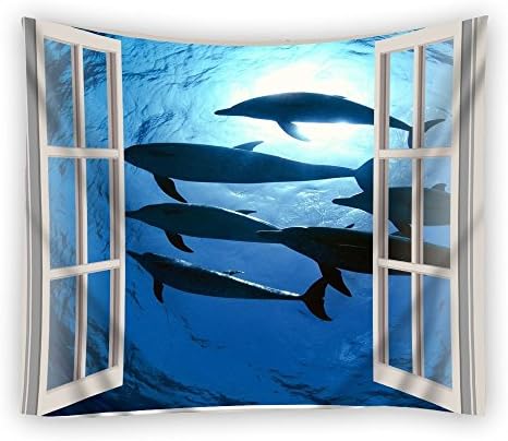 Custom Open Window Delfiny Dolphins Underwater One Side Home Decor Tapestry, Polyester Fabric Tapestries Wall Art Hanging 60 x 80 Inches