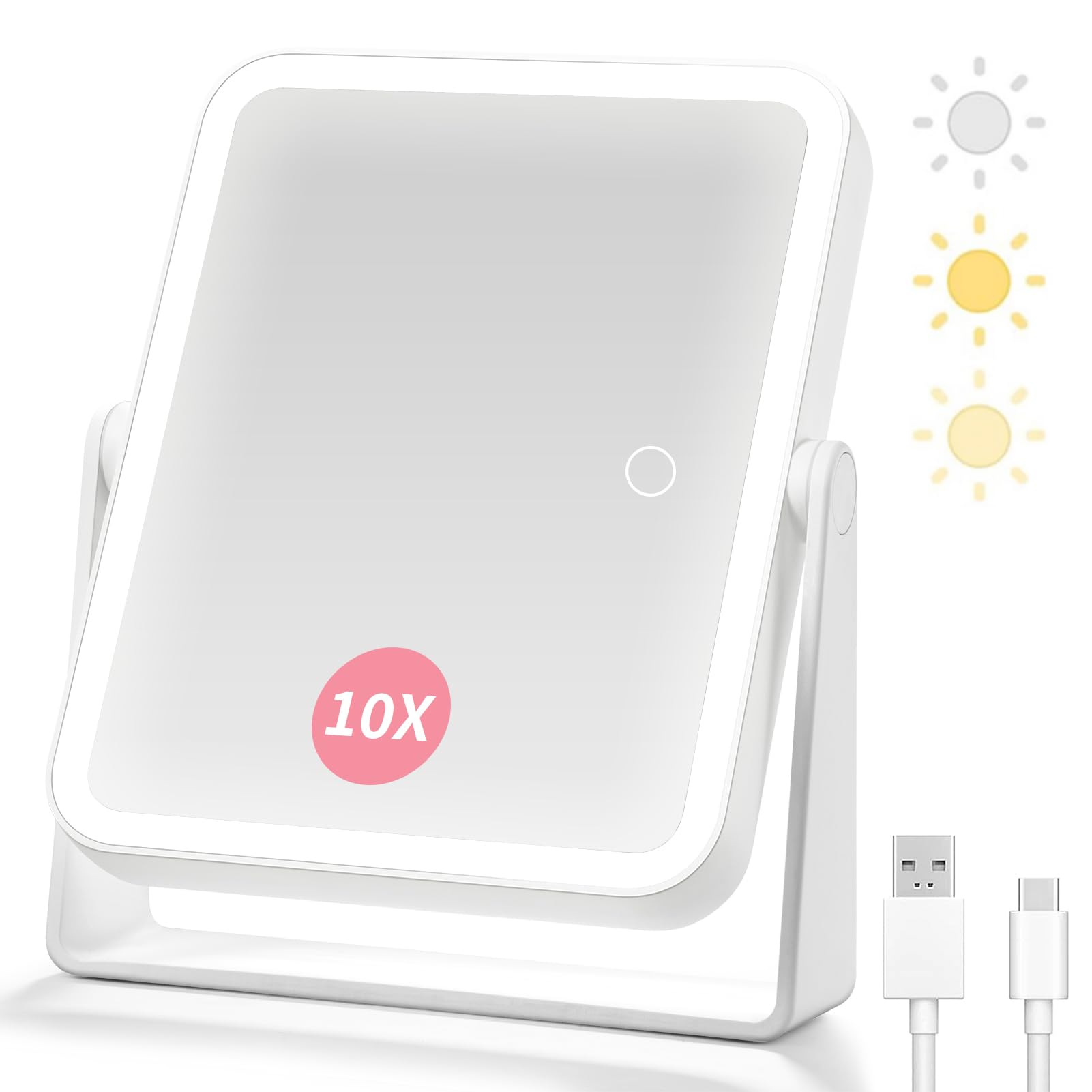 Rechargeable Magnifying Mirror with Lights,1X/10X Double Sided Makeup Mirror-3 Color Light-Smart Touch Screen Dimming-360°Rotation,Portable Desktop LED Magnifying Mirrors for Makeup/Travelling
