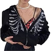 ANKOMINA Women's Rhinestone Skeleton Hoodies Zip Up Sweatshirts Y2K Long Sleeve Skull Jacket Pullover Tops
