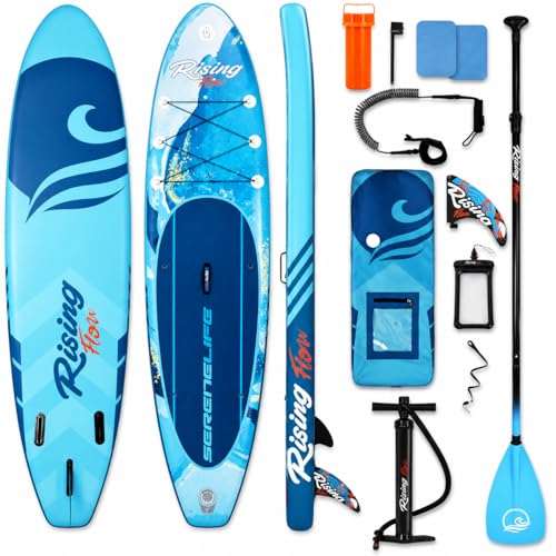 SereneLife Aufblasbares Stand Up Paddle Board (15,2 cm dick) mit Premium SUP Zubehör & Tragetasche | Breiter Stand, Bodenflosse für Paddling, Anti-Rutsch Deck |