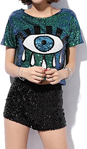 Women's Hip Hop Jazz Sequins Sexy Dance Pub Bars Platform Eyes Crop Top T-Shirt Dress
