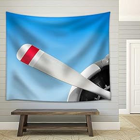 Vintage Airplane Propeller with Radial Engine on Blue Sky - Fabric Wall Tapestry Home Decor - 51x60 inches