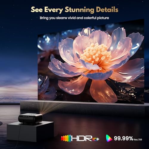 2026Mini Projector 4K Compatible with Netflix App, Lower Noise 1080p Daylight Compatible Projector & HDR, Premium Speaker, WiFi 6, BT5.2, Home Cinema Projector for Bedroom, Garden, Black
