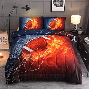A Nice Night Rugby American Football,with Fire and Ice Pattern, Comforter Quilt Set Bedding Set Full Size for Teen Boys…