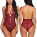 ADOME Women One Piece Lingerie Lace Teddy V Neck Bodysuits Halter Babydoll, Style 1-dark Red, X-Large