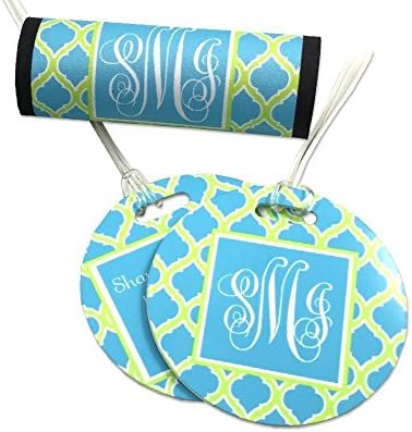 Luggage Tag and Handle Wrap Set Personalized with Monogram and optional Name Address and Phone for back. Custom travel set bag tag and suitcase handle wrap