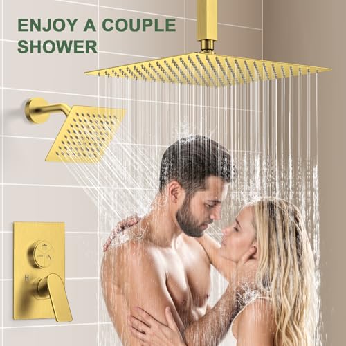 Gold Shower Faucet Set, Bathroom Shower System with 3-Setting Push Button Diverter, 12