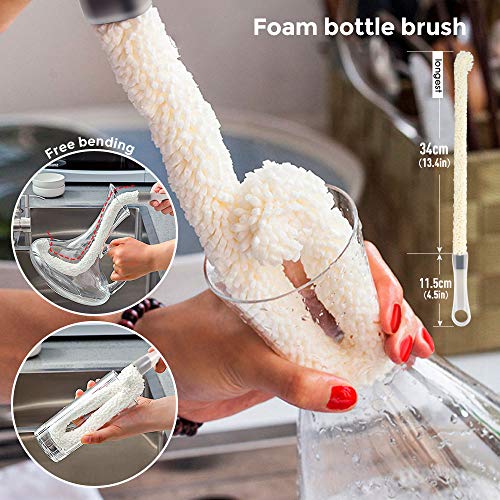 Kitchen Cleaning Brush Set Tools Dish Brush Cleaning Brush with Replacement Head (1 Bristles +3 Sponge Heads),Bottle Cleaning Brush,2 x Microfiber Cloths, for Kitchen or Bathroom Household