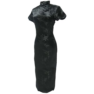 7Fairy Women's VTG Black Floral Long Chinese Party Dress Cheongsam