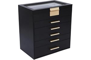 BOOVO Jewelry Box for Women, Black 6 Layer Large Jewelry Organizer with Glass Lid for Necklace, Bracelet, Earrings, Rings Storage, Jewelry Organizers and Storage for Girls Gift (Clear Black, 6 layer)