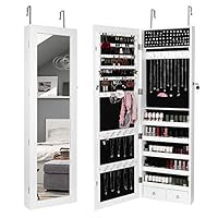 Homfa Jewelry Cabinet Lockable Jewelry Armoire Mirror Organizer Storage Door Mounted with 2 Drawers 6 Shelves for Earring, Bracelet, Necklace and Ring, White