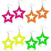 JELIEE 4 Pairs 80s Neon Earrings for Women Star Circular Oval Jewelry Retro Neon Dangle Earring for 80S Costume Dancing Party Accessory