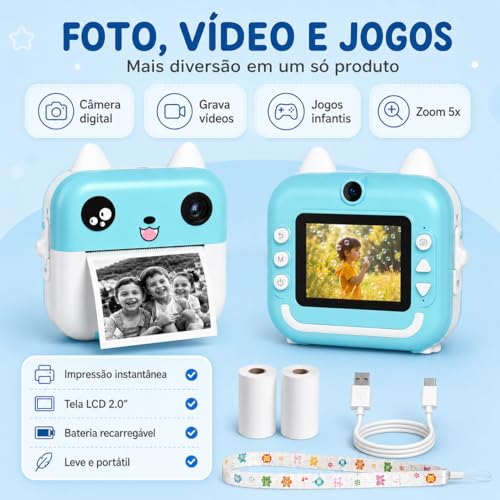 Câmera Infantil Digital Instantânea com Impressão Térmica (Azul)