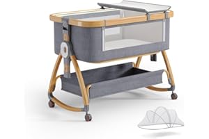 BONBAY Baby Bassinet, Bedside Bassinet for Baby, 4 in 1 Portable Bassinet Bedside Sleeper with Wheels Mosquito Net & Storage Basket, 6 Height Adjustable Rocking Bassinet for Newborn Baby