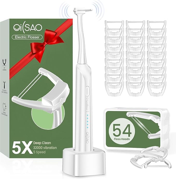 Photo 1 of OILSAO Electric Flosser for Teeth, Water Flosser Alternative with 5 Speeds + 54 Refill Heads, 5X Cleaning & 60 Day Battery Life, Oscillation Gliding for Sensitive Gum Care, Dentist Recommended -White