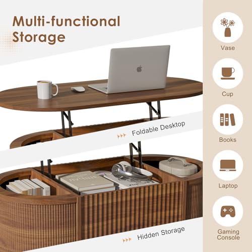 LYNCOHOME Fluted Lift Top Coffee Table with Hidden Compartment, Modern Oval Coffee Table for Living Room, Home Office, Walnut