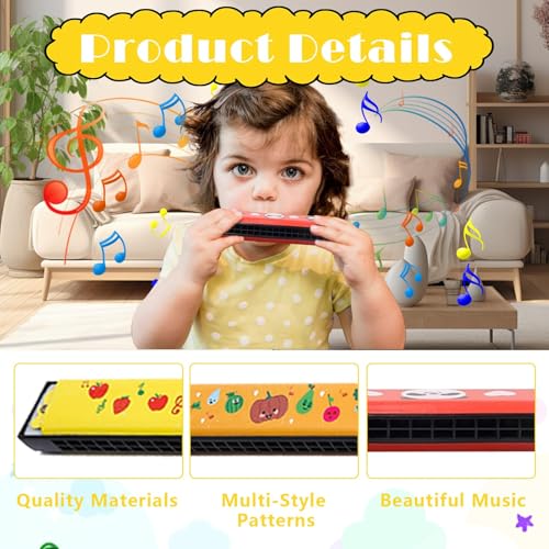 KOWVOWZ 12 PCS Harmonica for Kids, Harmonica Toy with Double Row of 16 Holes, Cute Cartoon Printed Harmonicas Mouth Organ,Party Favors, Bags Fillers, Birthday Day Gifts and Prize for Beginner Kids