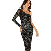 Giffniseti Women's One Shoulder Rhinestone Long Sleeve Dress Bodycon Club Cocktail Midi Dress