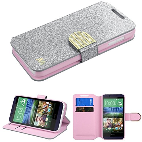 Asmyna HTC Desire 510 Glittering MyJacket Wallet Carrying Case with Diamante Belt - Retail Packaging - Silver