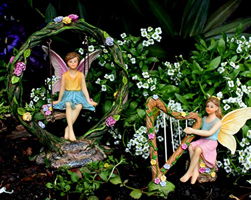 Pretmanns Fairy Garden Accessories Kit – 2 Miniature Fairy Figurines & Swing Set – 4 Pieces