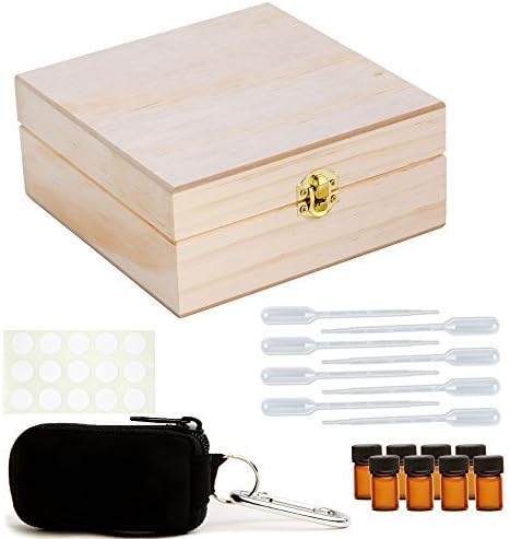 Essential Oils Case Kit - Includes Wooden Essential Oil Box, Key Chain, 5/8 Dram (2 ml) Vials, Blank Labels, and Pipettes - Perfect Essential Oil Kit For Anywhere! (Black) by Aroma Designs