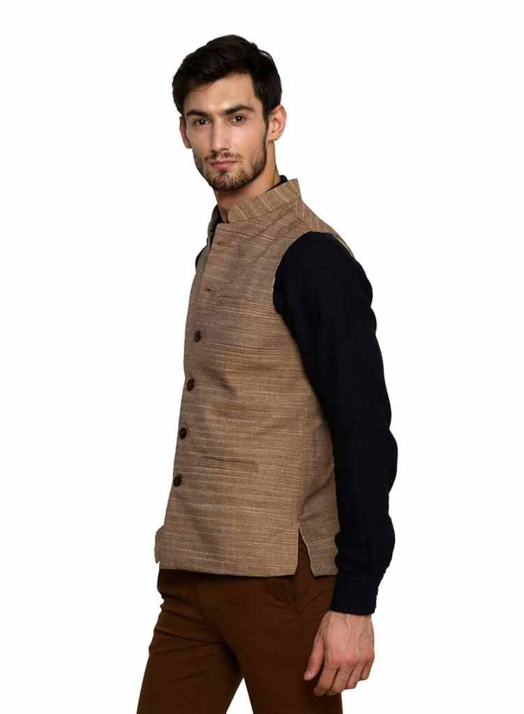 dhrohar khadi wool and cotton blend brown chinese collar waistcoat for men