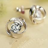 Voberry Newest Fashion 925 Sterling Silver Plated Rose Flower Shaped Austrian Crystal Stud Earrings for Women Ladies Gift (Silver 2)