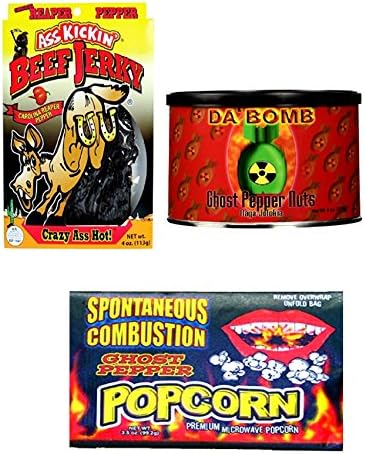 MiDAStick Spicy Mix Ghost Pepper Nuts 8 oz, Spicy Popcorn 3.5 oz, Carolina Reaper Beef Jerky 4 oz Real Spicy Snack set
