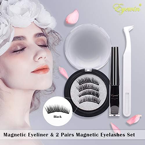 New Magnetic Eyeliner & 2 Pairs Magnetic Eyelashes Set, 4ml Waterproof Liquid Eyeliner 5 Magnet Black Reusable Full Eye False Lashes with Eyelash Tweezers For Makeup Cosmetics