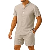 COOFENRISY Casual Stand Collar Button Shirt and Shorts Set Hawaiian Beach Vacation Party Outfit Texture Linen Sets for Men