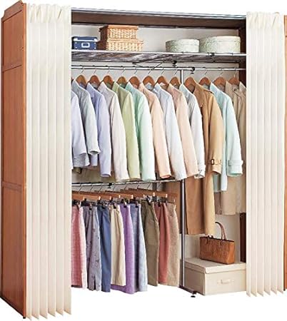 Amazon Closet Hanger Rack クローゼットハンガーラック ブラウン 伸縮 最大幅190cm 伸縮式 2段 収納 ハンガーラック ダブル カーテン付き 木製 カバー付き ワードローブ 衣類収納 棚付 棚付き クローゼットハンガー ワードローブ オンライン通販