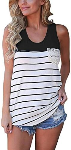 Women Tunic Vest, Qisc Women's Summer Tops, Casual Sleeveless Scoop Neck Color Block Striped Loose Fit Tank Top T-Shirts (S, Black)