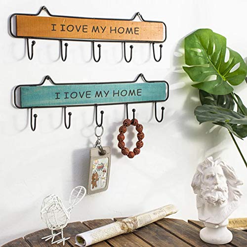 Wall-Mounted Coat Rack, 15-inch Wooden Shelving Hook Storage Key Holder with 5 Metal Hooks for Keys Towel Clothes Hats Bags Mudroom Bathroom Entryway, (2 Packs, Blue)