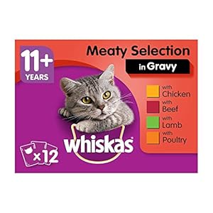 Whiskas wet pouches, delicious and tasty meaty selection in gravy, suitable for senior cats aged 11+, (12 Pouches x 100…