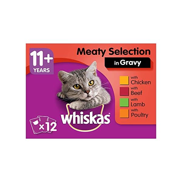 Whiskas-11-Wet-Food-for-Senior-Cats-Meaty-Selection-in-Gravy-12-x-100-g Whiskas wet pouches, delicious and tasty meaty selection in gravy, suitable for senior cats aged 11+, (12 Pouches x 100…