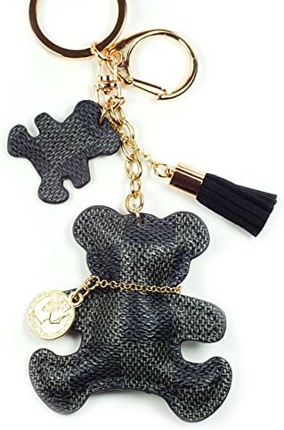 PU Leather Bear Cat Giraffe Dog Keychain Check Canvas Patten Textile Tassel Handbag Key Charm Ring Pendant Chain