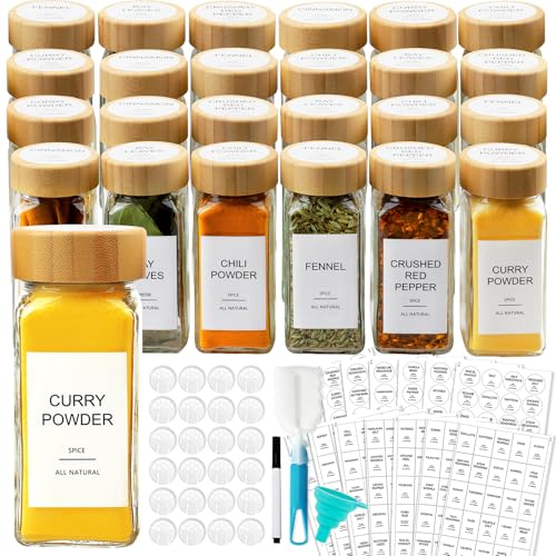 AISIPRIN 24 Pcs Glass Spice Jars with Bamboo Airtight Lids and 398 Labels, 4oz Empty Square Containers Seasoning Storage Bottles - Shaker Lids, Funnel, Brush and Marker Included